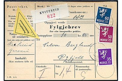 35 øre, 50 øre og 60 øre Løve på adressekort for pakke med postopkrævning fra Kviteseid d. 1.5.1942 til Øyfjell.