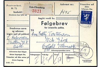 1 kr. Løve single på adressekort for pakke fra Oslo-Elisenberg d. 14.10.1942 til Øyfjell. 