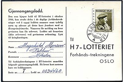 15+10 øre Nasjonalhjelpen på H7-Lotteri brevkort annulleret med sejlende bureaustempel Bergen - Fitjar A d. 23.10.1946 til Oslo.