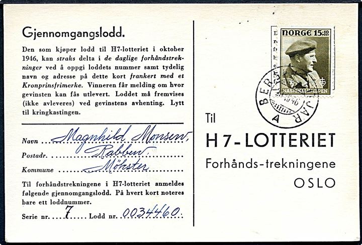 15+10 øre Nasjonalhjelpen på H7-Lotteri brevkort annulleret med sejlende bureaustempel Bergen - Fitjar A d. 23.10.1946 til Oslo.