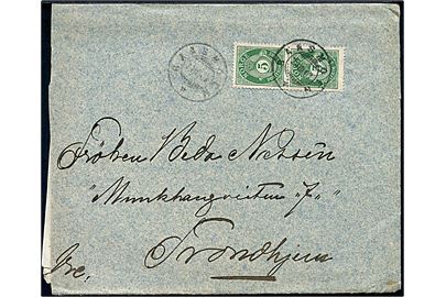 5 øre Posthorn i parstykke på brev fra Baasmoen d. 29.3.1903 til Trondhjem.