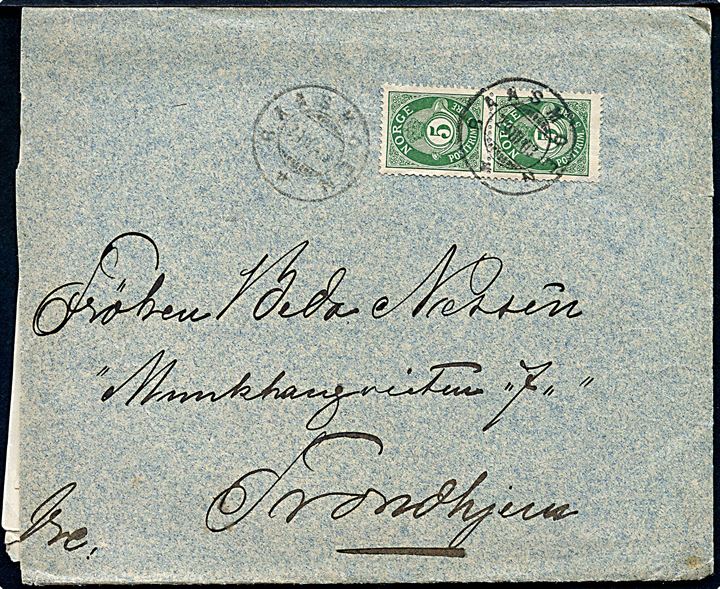 5 øre Posthorn i parstykke på brev fra Baasmoen d. 29.3.1903 til Trondhjem.