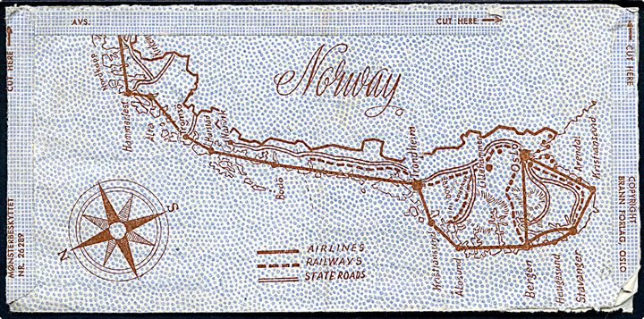 80 øre Løve single på privat illustreret aerogram fra Sandnessjøen d. 26.9.1949 til Springfield, USA.