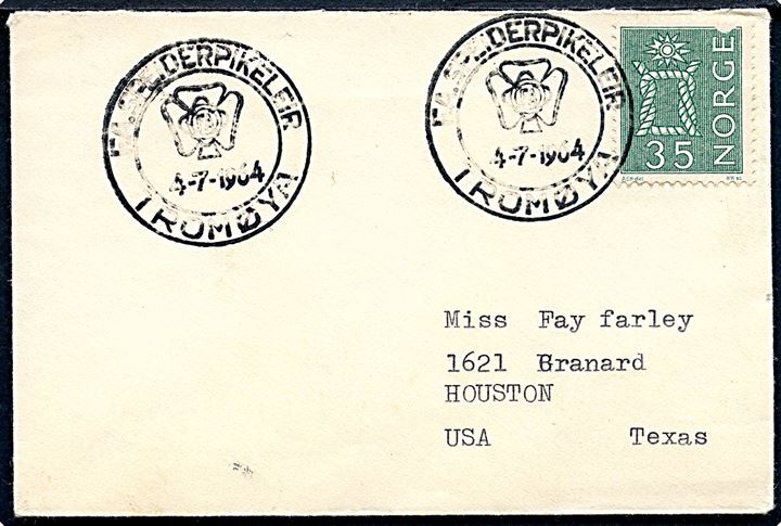 35 øre (defekt) på lille kuvert annulleret med spejder særstempel F.A.Speiderpikeleir Tromsøya d. 4.7.1964 til Houston, USA.
