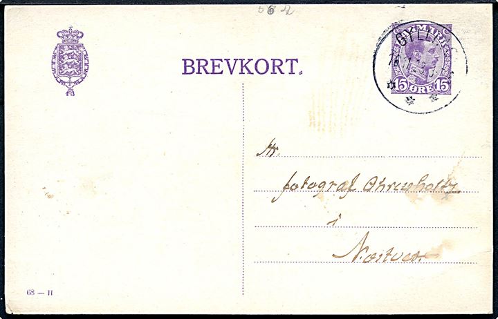15 øre Chr. X helsagsbrevkort (fabr. 68-H) annulleret med brotype IIIb Gylling d. 16.11.1923 til Næstved.