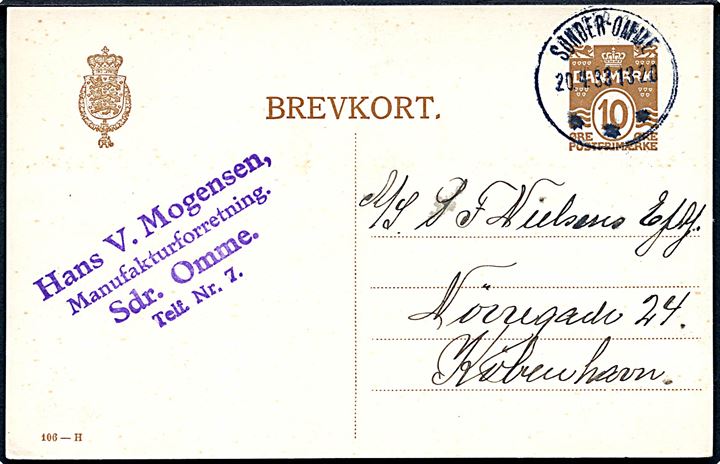 10 øre helsagsbrevkort (fabr. 106-H) annulleret med brotype IIIc Sønder-Omme d. 20.4.1933 til København.
