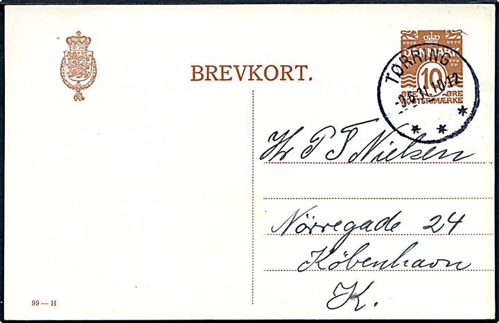 10 øre helsagsbrevkort (fabr. 99-H) annulleret med brotype IIIc Tørring d. 9.6.1931 til København.