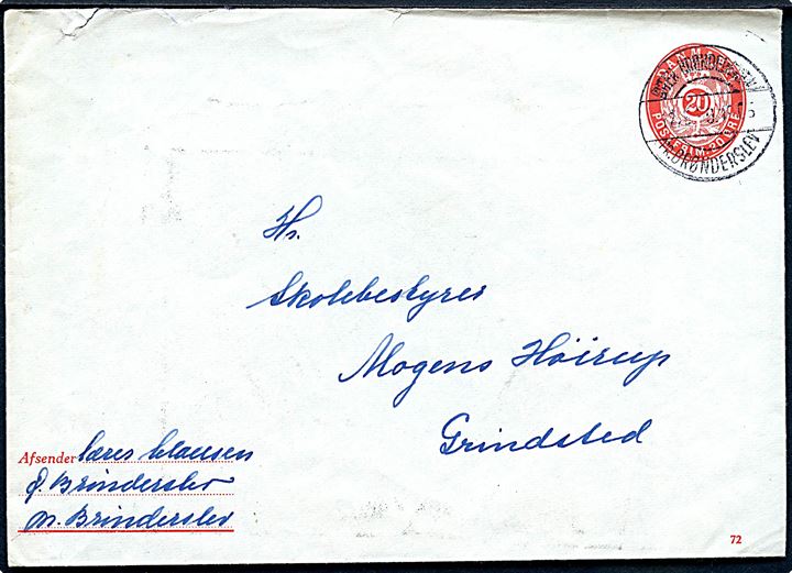 20 øre helsagskuvert (fabr. 72) annulleret med pr.-stempel Øster Brønderslev pr. Brønderslev d. 12.5.1960 til Grindsted.