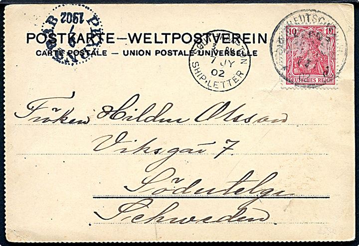 10 pfg. Germania på brevkort (Landkort med sejlrute, Needles ved Isle of Wight) skrevet ombord på S/S Weimar og annulleret med svagt tysk stempel og sidestemplet Southampton Ship Letter d. 7.7.1902 til Södertelje, Sverige.