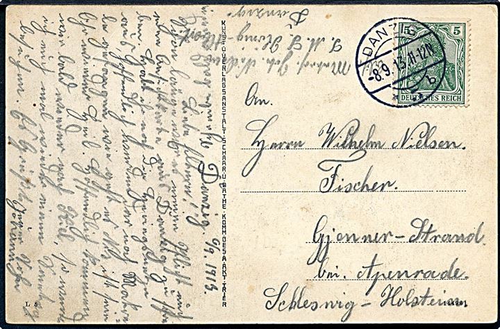 5 pfg. Germania på brevkort sendt fra sønderjysk sømand ombord på slagskibet SMS König Albert i Danzig d. 8.9.1913 til Gjenner Strand pr. Apenrade.