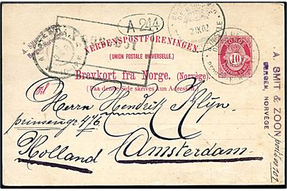 10 øre helsagsbrevkort fra Bergen annulleret med sejlende bureaustempel Bureau de Mer de Norvege / C / Bergen - Newcastle d. 2.9.1902 og sidestemplet Paquebot til Amsterdam, Holland.