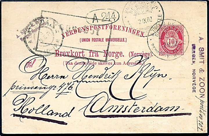 10 øre helsagsbrevkort fra Bergen annulleret med sejlende bureaustempel Bureau de Mer de Norvege / C / Bergen - Newcastle d. 2.9.1902 og sidestemplet Paquebot til Amsterdam, Holland.
