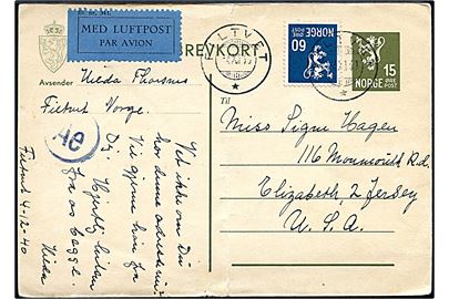 15 øre helsagsbrevkort (fold) opfrankeret med 60 øre Løve sendt som luftpost fra Filtvet d. 4.12.1940 til Elizabeth, USA. Tysk censur fra Frankfurt.