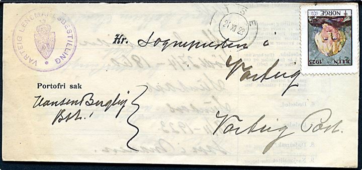 Ufrankeret tjenestebrev med Julemærke 1923 fra Ise d. 21.12.1923 til Varteig.