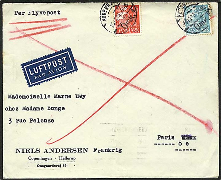 15 øre og 25 øre Karavel på luftpostbrev fra København d. 20.12.1933 til Paris, Frankrig.
