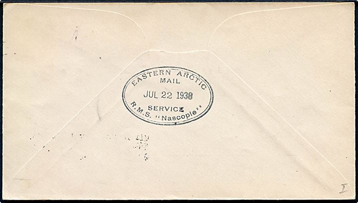 3d George VI på brev stemplet Lake Harbour N.W.T. d. 20.7.1938 til Queens Village, USA. Befordret med det arktiske forsyningsskib RMS Nascopie med transitstempel: Eastern Arctic Mail Service R.M.S. Nascopie d. 22.7.1938.
