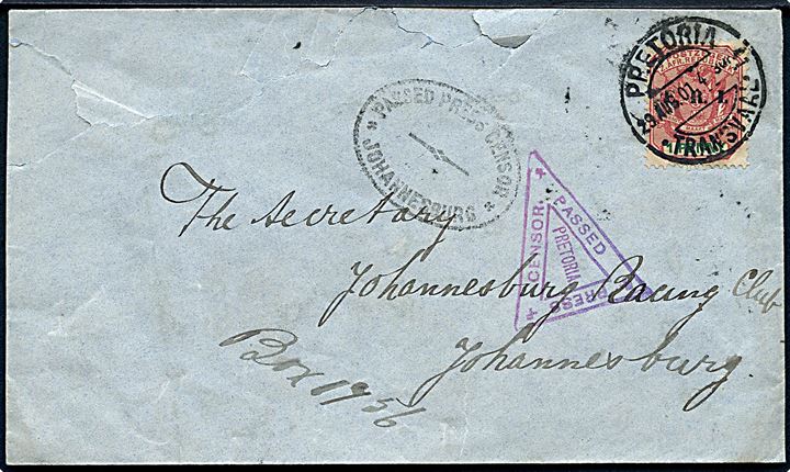 1d Våben på brev fra Pretoria d. 29.8.1901 til Johannesburg. 3-kantet censurstempel fra Pretoria og ovalt stempel fra Johannesburg.