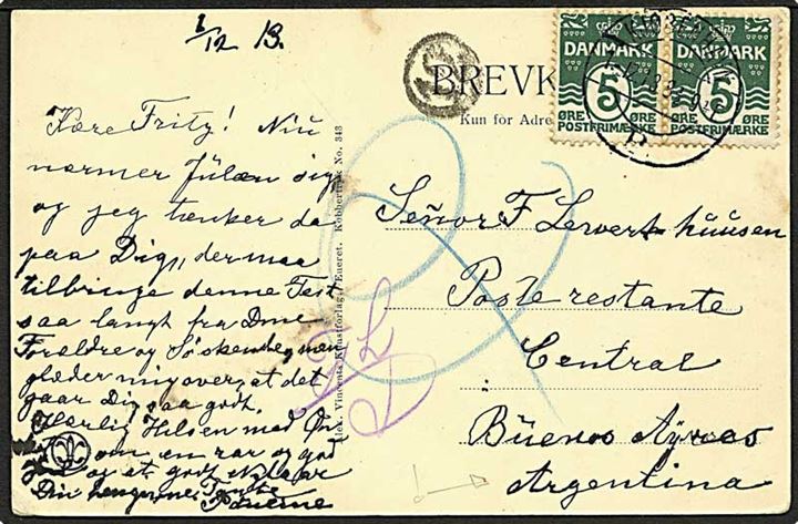 5 øre Bølgelinie i parstykke på brevkort fra Kjøbenhavn B. d. 1.12.1913 til Poste Restante i Buenos Aires, Argentina.