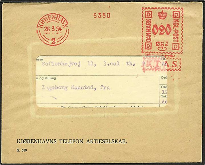 20 øre firmafranko frankeret rudekuvert fra KTAS sendt lokalt i København d. 26.3.1954. 
