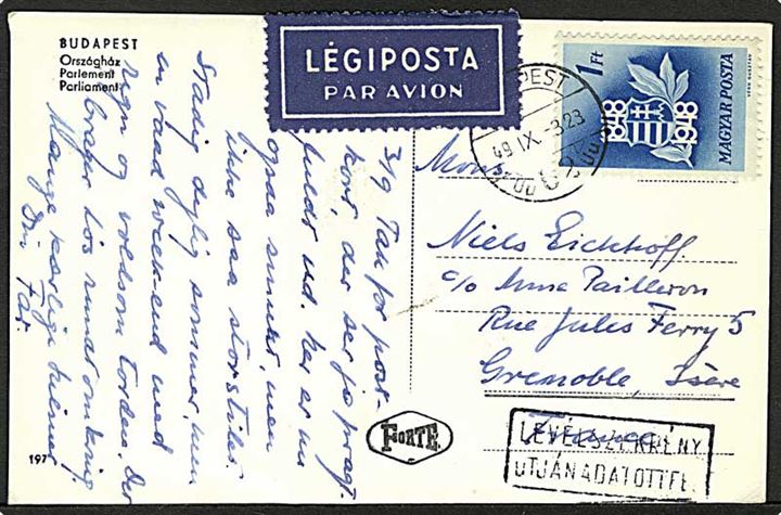 1 ft. 100 år for Revolution single på luftpost brevkort fra Budapest d. 3.9.1949 til Grenoble, Frankrig.