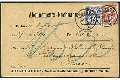 10 c. og 12 c. Våben på abonnoments opkrævnings brevkort fra Oerlikon d. 28.9.1905 til Bern.