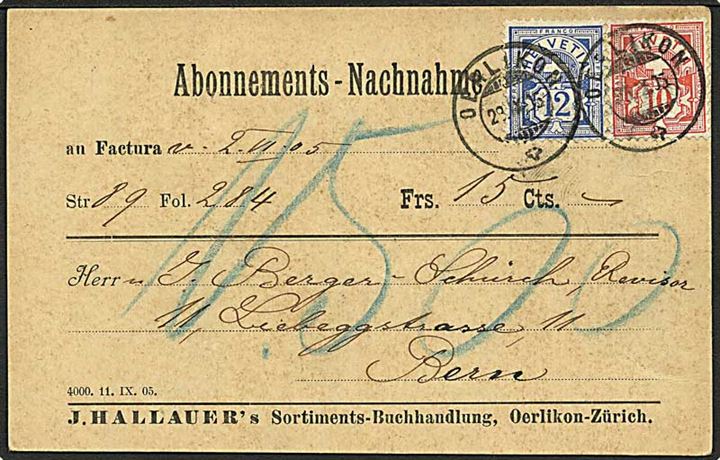 10 c. og 12 c. Våben på abonnoments opkrævnings brevkort fra Oerlikon d. 28.9.1905 til Bern.