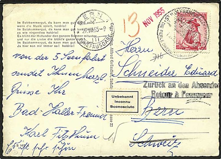 1,45 s. single på brevkort fra St. Wolfgang 1955 til Bern, Schweiz. Retur som ubekendt.