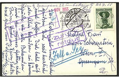 1 s. single på brevkort fra Zell am See 1955 til Wien. Retur som ubekendt.