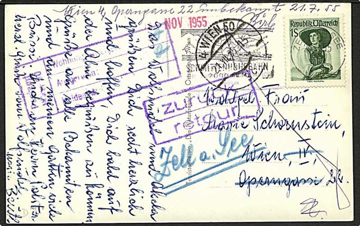 1 s. single på brevkort fra Zell am See 1955 til Wien. Retur som ubekendt.