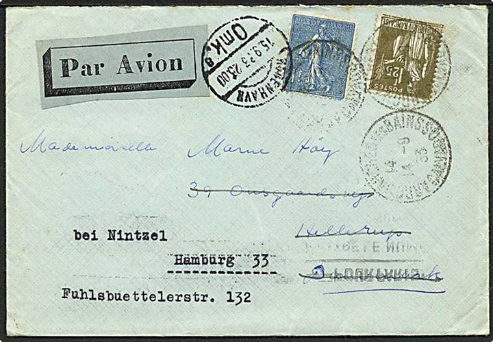 2,25 f. frankeret luftpostbrev fra Paris d. 14.9.1933 via København Luftpost til Hellerup, Danmark - eftersendt til Hamburg, Tyskland.