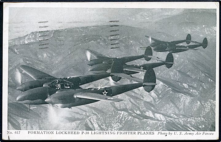 Lockheed P-38 Lightning i formation. U. S. Army Air Force no. 617. Anvendt som ufrankeret feltpost.