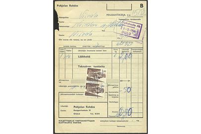 1 mk. Buspakkemærker i parstykke på fragtbrev dateret Oulu d. 21.5.1966.