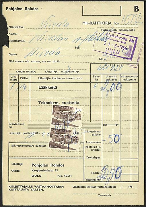 1 mk. Buspakkemærker i parstykke på fragtbrev dateret Oulu d. 21.5.1966.