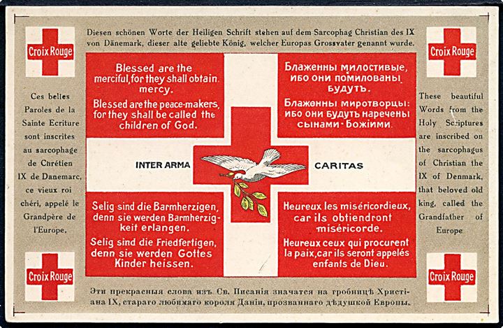 Røde Kors. 4-sproget kort med gengivelse af tekst fra Chr. IX's sakrofa. Uden adresselinier.