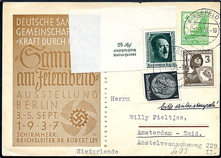 5 pfg. illustreret helsagsbrevkort for udstilling opfrankeret og anvendt fra Bielefeld 1937 til Amsterdam.