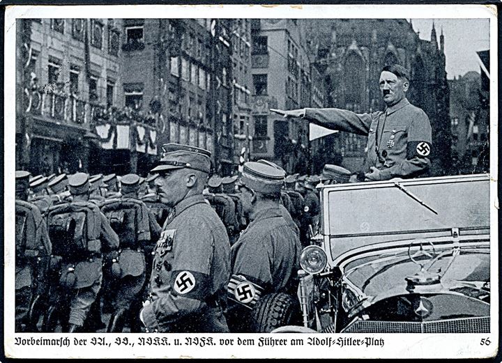 Adolf Hitler og mandskab fra SA, SS, NSKK og NSFK. Reichsparteitag Nürnberg 1937. 6 pfg. illustreret helsagsbrevkort annulleret med særstempel i Nürnberg d. 13.9.1937 til Neumünster.