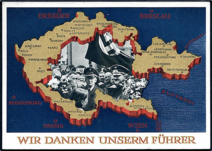 Wir danken unserm Führer. 6 pfg. illustreret helsagsbrevkort fra Ludwigsburg d. 4.5.1939 til Ulm.