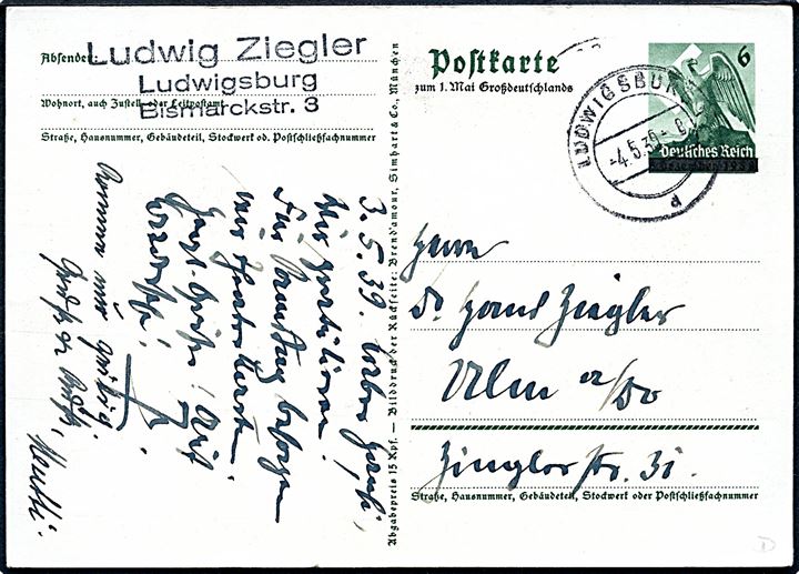 Wir danken unserm Führer. 6 pfg. illustreret helsagsbrevkort fra Ludwigsburg d. 4.5.1939 til Ulm.