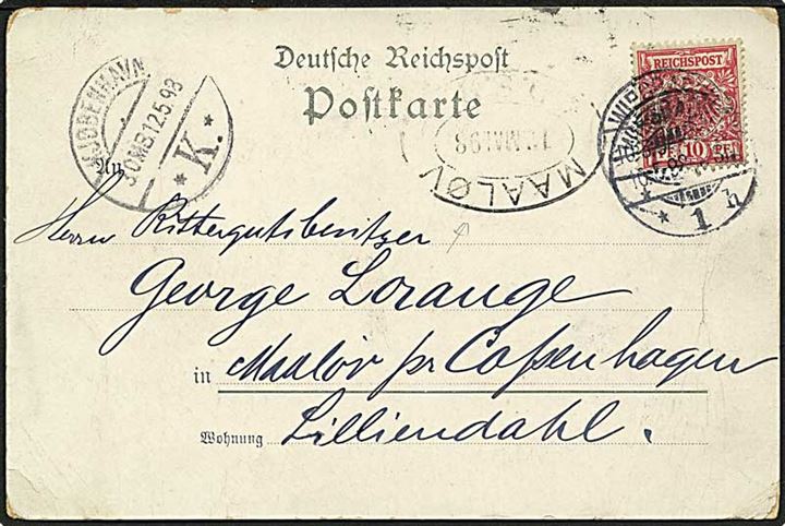 Tysk 10 pfg. Adler på brevkort fra Wiesbaden d. 10.5.1898 via Kjøbenhavn til Maaløv. Ank.stemplet med privat jernbanestempel MAALØV D.S.B. d. 12.5.1898.