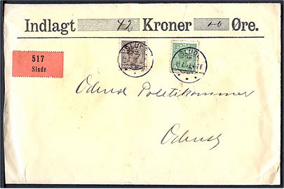 5 øre og 25 øre Chr. X på værdibrev annulleret med brotype Ia Slude d. 16.7.1918 til Odense