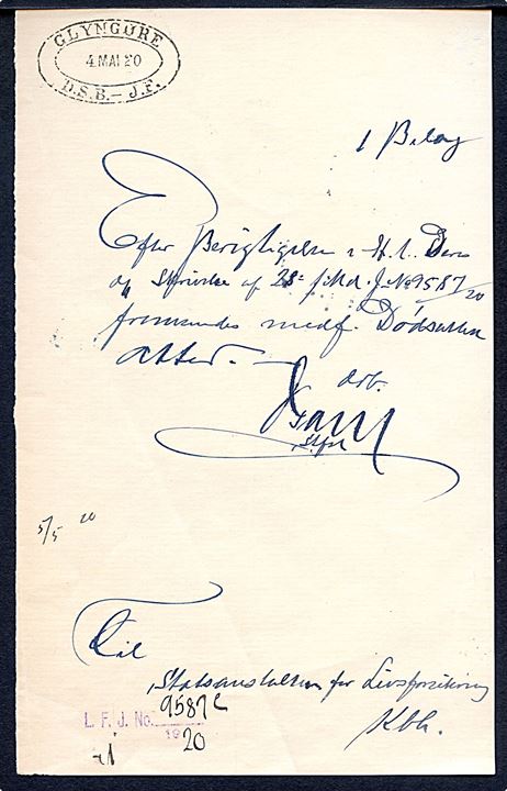 Skrivelse med ovalt privat jernbanestempel Glyngøre D.S.B. - J.F. d. 4.5.1920.