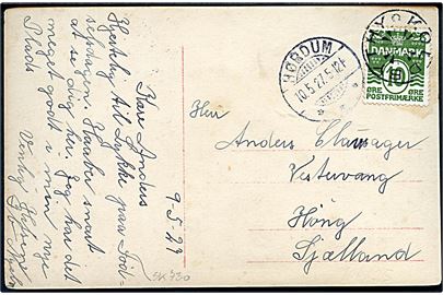 10 øre Bølgelinie på brevkort annulleret med stjernestempel KOLDBY THY og sidestemplet Hørdum d. 10.5.1927 til Høng.