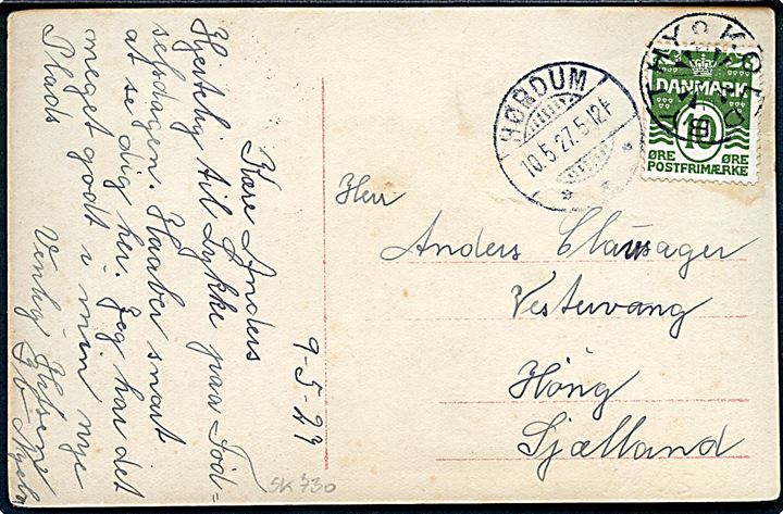 10 øre Bølgelinie på brevkort annulleret med stjernestempel KOLDBY THY og sidestemplet Hørdum d. 10.5.1927 til Høng.