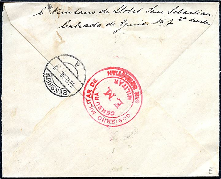 1 pta. Isabel single på anbefalet brev fra San Sabastian d. 7.12.1938 til Bensheim, Tyskland. Lokal spansk censur fra San Sebastian.
