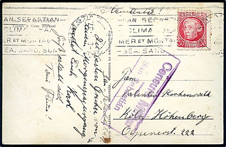 30 cts. på brevkort fra San Sebastian d. 8.4.1937 til Köln, Tyskland. Lokal spansk censur fra San Sebastian.