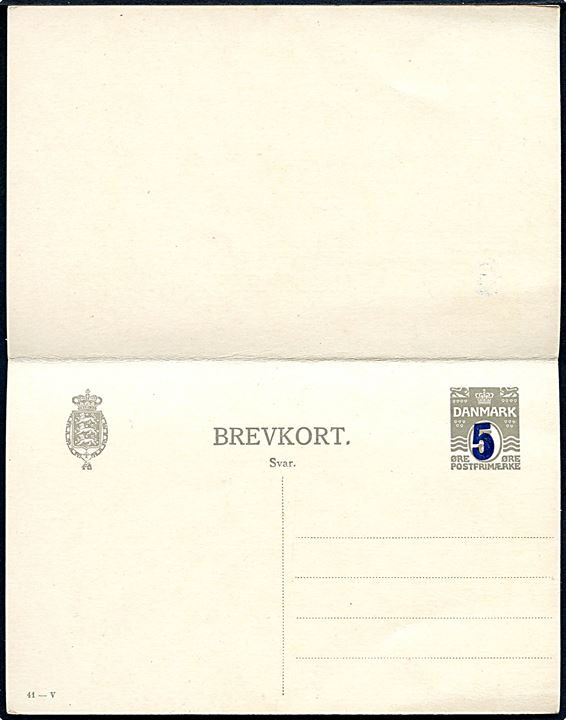 5/3+5/3 øre provisorisk dobbelt helsagsbrevkort (fabr. 41-V) opfrankeret med 20 øre Genforening annulleret med brotype IVb Aabenraa sn1 d. 9.?.1921 til Amsterdam. Vedhængende ubenyttet svardel.