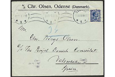 30 øre Chr. X med perfin C.O. på firmakuvert fra A/S Chr. Olsen stemplet Odense d. 11.11.1926 til danske konsulat i Valencia, Spanien.