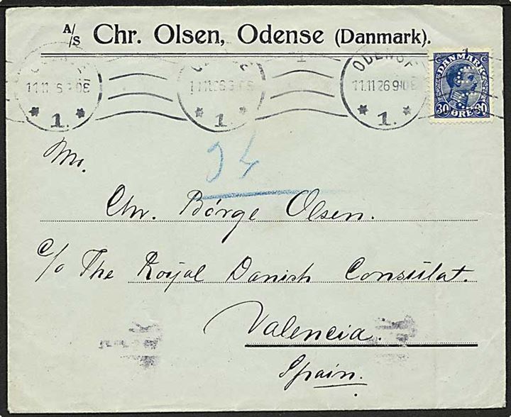 30 øre Chr. X med perfin C.O. på firmakuvert fra A/S Chr. Olsen stemplet Odense d. 11.11.1926 til danske konsulat i Valencia, Spanien.