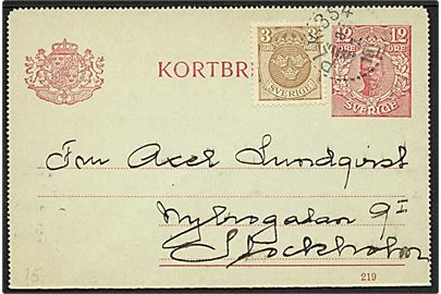 12 öre Gustaf helsagskorrespondancekort opfrankeret med 3 öre Tre Kroner med bureaustempel PLK 354 d. 8.7.1919 til Stockholm.