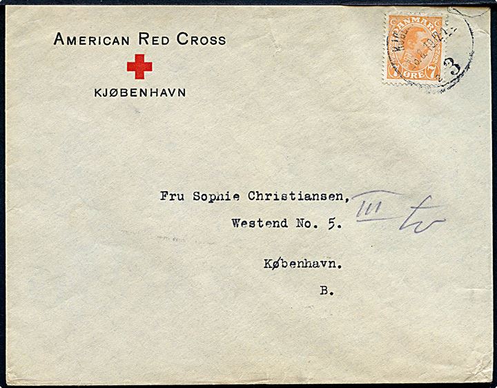7 øre Chr. X single på fortrykt kuvert fra American Red Cross / Kjøbenhavn sendt lokalt i Kjøbenhavn d. 23.8.1919.